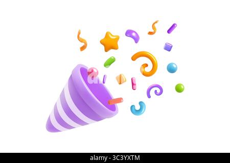 Bunte 3D-Illustration eines einzelnen lila Party-Poppers, der mit festlichem Konfetti und geschwungenen Formen auf weißem Hintergrund platzt. Stock Vektor
