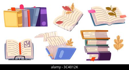 Cartoon-Buchstapel - flache Vektorillustrationen von offenen Hardcover-Büchern, hohen Buchstapeln, ausgebreiteten Seiten mit Lesezeichen und Herbstblättern. Bibliothek Lesen von Bildungs-Grafikelementen. Stock Vektor