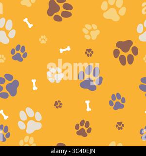 PET Pfoten Hintergrundbild. Nahtloses Muster für Hundeabdrücke. Niedliches Zeichentrickwelpen, Kätzchen und Hundeknochen wiederholtes Muster für den Tierhandel. Stockfoto