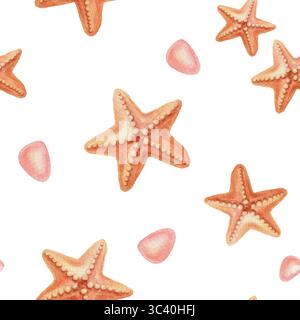 Nahtloses Muster mit verstreuten Seestern auf weißem Hintergrund in handgezeichnetem Aquarellstil. Marineblaues Sommerdesign mit Textur und hellen Farben Stockfoto