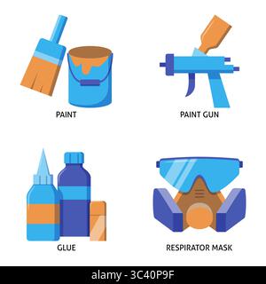 Bastel- und Malwerkzeuge flache Symbolsätze. Lackeimer und Pinsel, Lackierpistole, Kleber und Schutzmaske. Vektorabbildung. Stock Vektor