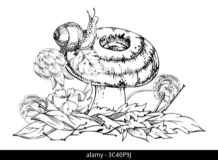 Lactarius-Milchmütze-Russula gestreifter Pilz, Schnecke auf der Kappe, Wolkbeeren, getrocknete Kiefernnadeln, Herbstblätter stapeln. Pilz Natur Illustration Hand Stock Vektor