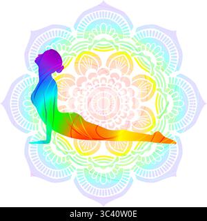 Farbenfrohe Silhouette einer Frau, die Urdhva Mukha Shvanasana Yoga-Pose praktiziert. Nach oben gerichtete Hunde-Yoga-Pose. Isolierte Vektordarstellung Stock Vektor