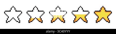 Sterne mit Pixeldesign. Goldener Stern im Retro-8-Bit-Arcade-Stil, Feedback-Rate-Symbole Vektorsatz. Stock Vektor