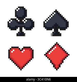 Satz von Pixel Spielkarte Symbol, Casino Poker Karte Icon Club, Ass, Diamant, Herz, Klee, Kacheln, Pik, Hechte. Stock Vektor