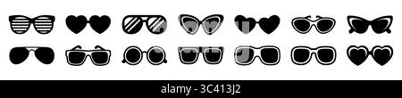 Symbole für Sonnenbrillen. Schwarze Sonnenbrille, Brillensilhouette und Retro-Brille. . Satz von Vektorsymbolen auf weißem Hintergrund. Stock Vektor