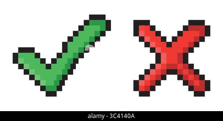 Pixelbild Häkchen und Kreuz. Kreuzen und kreuzen Sie das Zeichen. Isolierte Vektordarstellung Stock Vektor