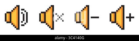 Lautstärkesymbole einstellen. Dynamische Pixelsymbole. Lautsprecher laden, ein-, aus- und stumm schalten. Symbol für die Steuerung des Tonsignals. Retro-Spiel, 8-Bit-Design Stock Vektor