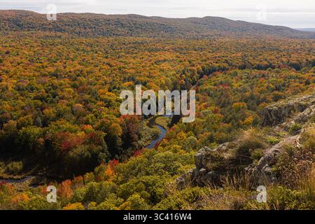 Gewundener Fluss durch dichten Herbstwald, von felsigem Felsvorsprung aus gesehen Stockfoto