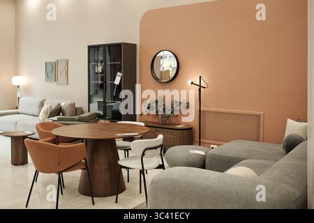 Moderne Möbel mit modernen Sofas, Sesseln, Esstisch mit Stühlen, dekorativem Spiegel und Beleuchtungselementen in stilvoller Einrichtung Stockfoto