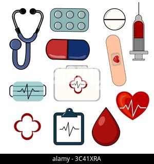 Eine Vektorsammlung medizinischer Ikonen einschließlich eines Stethoskops, Pillen, einer Spritze, einem Verband, einem medizinischen Kit, ein Herz mit einer Herzschlaglinie und einem Blut Stock Vektor