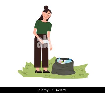 Junge Frau sammelt freiwillig Müll in Müllsack im Park, nimmt an der Umweltreinigungskampagne Teil, fördert Umweltbewusstsein und Stock Vektor
