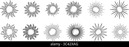 Sonne isoliert auf weißem Hintergrund untergehen. Vektorabbildung im Konturstil. Für Karten, Logos, Dekorationen, Einladungen, Boho-Designs. Stock Vektor
