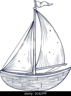 Vektor-Illustration von handgezeichnetem Segelboot mit Segeln. Lineare Zeichnung von Yachten für Marine- oder Küstendesign. Geätzte Kunst des Bootes für nautische Dekoration und Sommerreise Dekoration. Gravur des Gefäßes. Stock Vektor