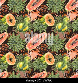 Dunkles nahtloses Papaya-Fruchtmuster mit tropischen Blättern im Aquarellstil Stockfoto