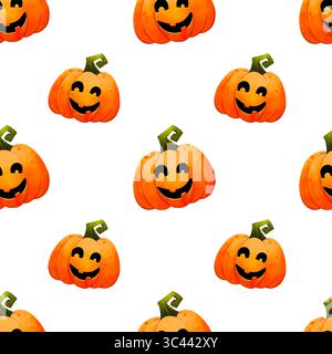 Nahtloses Kürbismuster. Halloween geschnitzter Kürbis. Jack-o-Laterne, Trick or Treat. Design für Tapeten, Verpackungen, Cover und Banner. Stockfoto