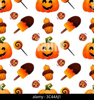 Kürbisse und Bonbons nahtloses Muster. Zu Halloween geschnitzter Kürbis mit Süßigkeiten und Lutscher. Jack-o-Laterne, Trick or Treat. Design für Tapeten, wra Stockfoto