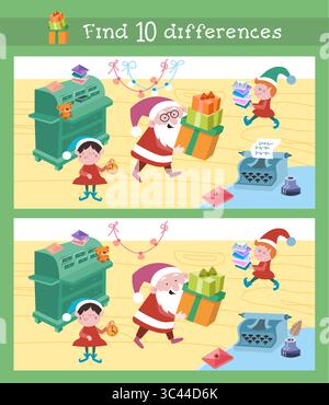Finde 10 Unterschiede. Weihnachtsmann und Elfen bereiten sich auf Weihnachten vor. Puzzle für Kinder. Spielszene für Kinder zum Design. Vektorabbildung. Stock Vektor