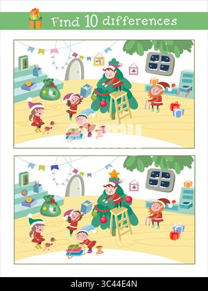 Finde 10 Unterschiede. Elfen bereiten sich auf Weihnachten vor. Puzzle für Kinder. Spielszene für Kinder zum Design. Vektorabbildung. Stock Vektor