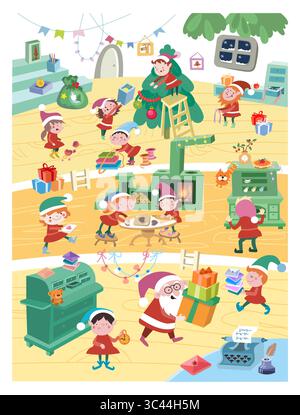 Santa-Werkstatt. Elfen bereiten sich auf Weihnachten vor. Silvester und Winterferien. Illustration der Kinderszene auf weißem Hintergrund. Stilisiert Stock Vektor