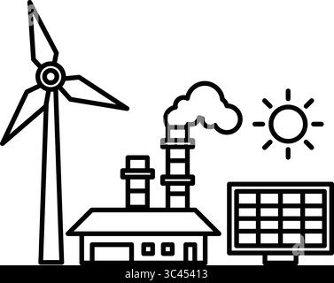 Neben einer Fabrik und einem Sonnenkollektor ist eine Windmühle zu sehen. Konzept der erneuerbaren Energien und die Bedeutung nachhaltiger Praktiken Stock Vektor