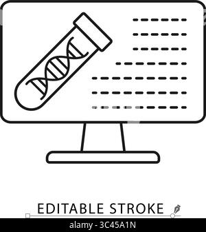 DNA-Analyse-Symbol auf einem Computerbildschirm im minimalistischen Stil mit bearbeitbarem Strich. Digitaler Gentest, Schnittstelle für Laborergebnisse, biotechnologische Diagnostik Stock Vektor
