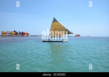 Ein kleines Segelboot mit gelbem Segel ist auf dem Wasser. Im Hintergrund befinden sich mehrere andere Segelboote und Menschen auf einer Sandbank. Stockfoto