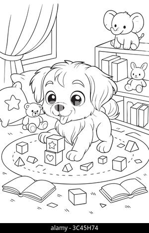 Glückliches Hündchen, das mit Spielzeugen im gemütlichen Zimmer spielt. Stock Vektor