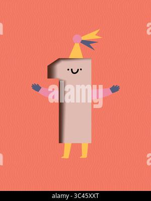 Geburtstagsnummer 1 Posterzeichnung im niedlichen Cartoon-Stil auf rosa Hintergrund Stock Vektor