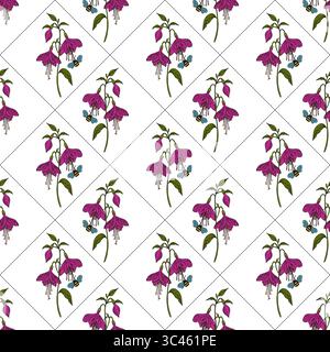 Ein nahtloses Vektormuster mit lila Blumen mit grünen Blättern und kleinen blauen Schmetterlingen, angeordnet in einem Rautenraster-Layout auf einem weißen Hintergrund Stock Vektor