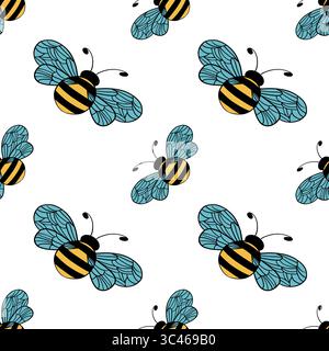 Nahtloser Mustervektor mit handgezeichneten Cartoon-Honigbienen mit gelb und schwarz gestreiften Körpern und detaillierten blauen Flügeln auf weißem Hintergrund Stock Vektor