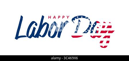 Happy Labor Day Schriftzug auf isoliertem Hintergrund, USA Labor Day Typografie Text mit amerikanischer Flagge Stock Vektor