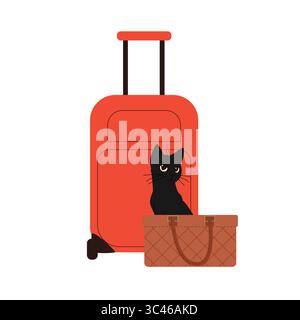 Illustration einer schwarzen Katze, die neben einer braunen Handtasche und einem roten Koffer sitzt. Konzept für Haustierreisen, Urlaub mit Tieren oder Packen für eine Reise mit Stock Vektor