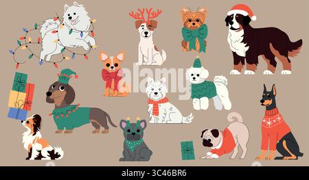Niedliches Weihnachtshund-Illustration-Set mit verschiedenen Rassen in festlichen Outfits. Umfasst Pullover, Schleifen, Hüte, Geweih, Lichter, und Geschenke. Urlaub Stock Vektor