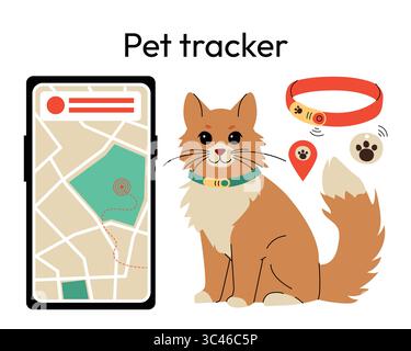 PET-Tracking-System mit einer flauschigen Katze mit kleinem Halsband, einer GPS-Tracking-App auf einem Smartphone und Positionssymbolen. Haustiersicherheitslösungen, ideal Stock Vektor