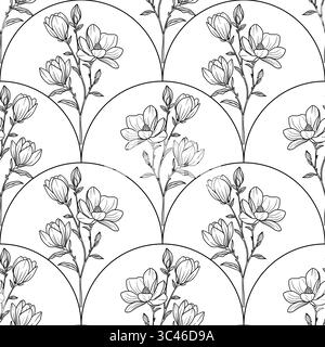 Ein nahtloses Blumenmuster mit zarten Linien-Magnolienblüten und Knospen, die in einer reflektierten Bogenform angeordnet sind. Der Hintergrund ist weiß, Stock Vektor