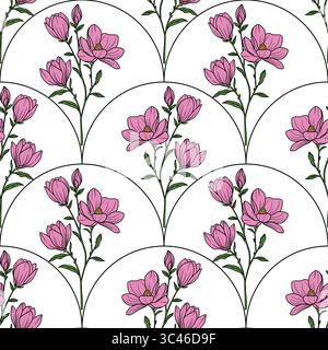 Ein nahtloses Blumenmuster mit rosa Magnolienblüten und Knospen, die in einer reflektierten Bogenform auf einem weißen Hintergrund angeordnet sind. Die Blüten A Stock Vektor