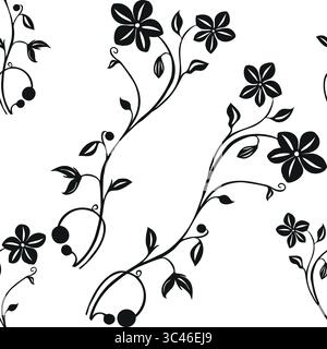 Ein nahtloses Vektor-Muster mit eleganten schwarzen Blumenmustern auf weißem Hintergrund. Das Muster enthält stilisierte Blumen, Blätter und Beeren, cr Stock Vektor