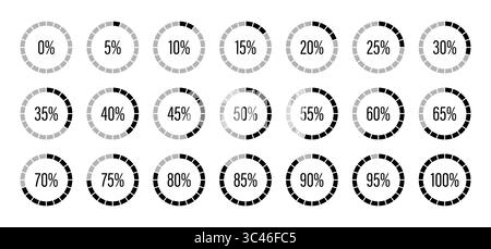 Runddiagrammsymbole für Infografiken von 0 bis 100 Prozent. Prozentsatz der Infografik-Elemente. Anzeige für geteilte Tortendiagramme in schwarzer, grauer Farbe Stock Vektor