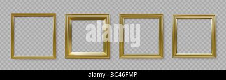 Goldene Rahmen. Goldenes quadratisches Holzgestell, 3D-altes Vintage-Foto, leere Galerie oder Museum rechteckige Kunstwerke Bildfläche. Wandkunst im klassischen Stil. Vektorrealistisches isoliertes Set Stock Vektor