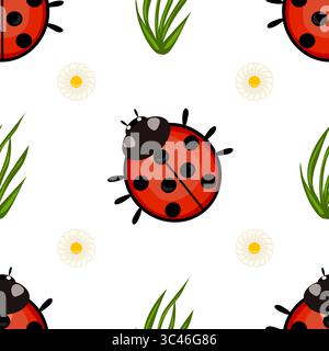 Ein nahtloses Vektormuster mit Cartoon-Marienkäfern, grünem Gras und weißen Gänseblümchen auf weißem Hintergrund. Die Marienkäfer sind hellrot mit schwarzem spo Stock Vektor