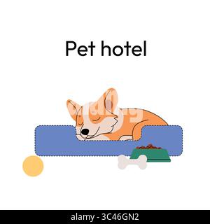 Illustration eines schlafenden Corgi in einem Haustierhotel auf einem gemütlichen blauen Bett. In der Nähe befinden sich eine Essensschale, ein Knochen und ein Ball, die Komfort und Pflege symbolisieren Stock Vektor