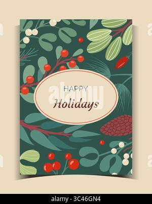 Weihnachtsgrußkarte. Winterblumen. Frohe Weihnachtsgirlande. Feier der kalten Jahreszeit. Mistelbeeren oder Weihnachtsstern. Stechpalme verlässt. Nadelzweige. Tannenzweig. Vektor-Blumenbanner für Feiertage Stock Vektor