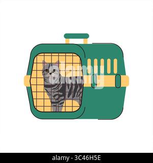 Abbildung einer Tabby-Katze in einem grün-gelben Tierträger. Konzept für das Reisen von Haustieren, den sicheren Transport und die mobile Tierpflege während der Reise oder Stock Vektor
