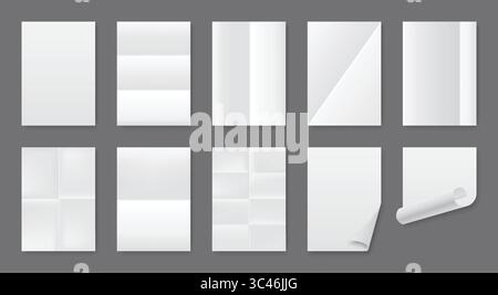 Papierbogen. Weißer Buchstabe mit Linienschatten. Isolierter Nachrichtenumschlag. Leeres a4-Dokumentformat mit gewellter Ecke. Zerknittertes Notizpapier. Gefaltetes Notizblock-Blatt umblättern. Satz leerer Notizen. Vektorhintergrund Stock Vektor