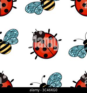 Ein nahtloses Vektormuster mit niedlichen Zeichentrick-Marienkäfern und Bienen. Die Marienkäfer sind rot mit schwarzen Flecken, während die Bienen gelbe und schwarze Streifen haben Stock Vektor