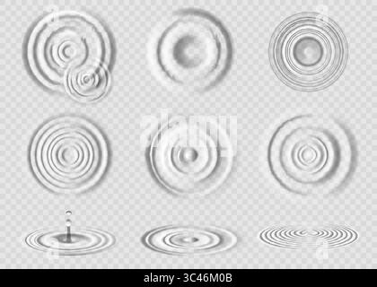 Wassertropfen. Splash-Effekt der Kreiswelle. Seiten- und Draufsicht der 3D-Pfützen-Wellenoberfläche. Struktur im Regenwirbel. Transparente Flüssigkeitsringe. Regentropfen. Konzentrische Rundungen. Vektorwellige Elemente festgelegt Stock Vektor