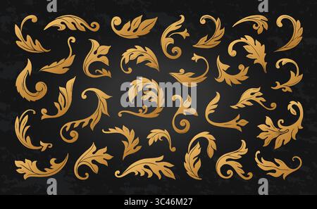 Filigranes Ornament. Goldene Rahmenecke, Scroll- und Wirbel-Curl-Letter-Gravur. Eleganter Deko-Rand. Rokoko und viktorianischer Stil. Dekorative goldene Karte und Poster Vektor isolierte Elemente Stock Vektor
