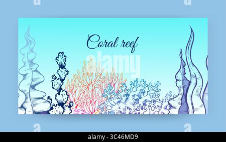 Meereshintergrund. Zeichnung im Korallenriff. Meeresplattformen, Meeresalgen-Banner-Design, Algen und Seetang im Aquarium. Horizontales Poster mit Kopierraum für Text. Vektorabbildung Stock Vektor