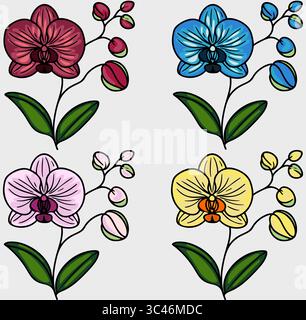 Eine bunte Vektor-Illustration von Orchideen in vier Variationen. Jede Blüte hat unterschiedliche Farben: Rot, blau, rosa und gelb, mit grünen Blättern und Stock Vektor